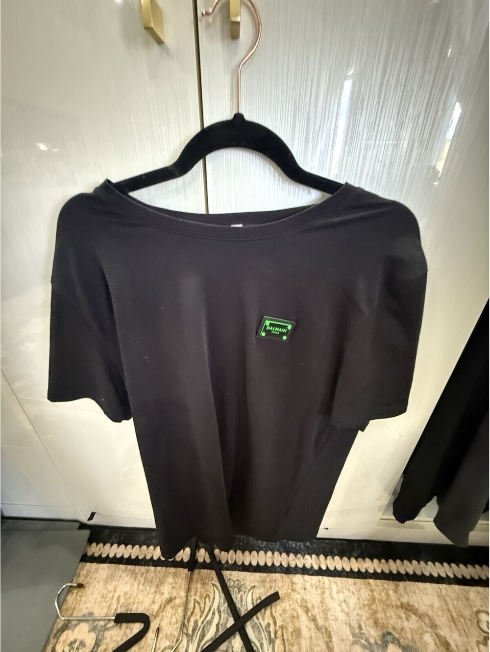 BALMAIN Men Metallic Logo Print Black T-shirt Short Sleeve